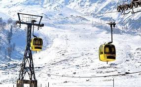 Cable cars gliding above snowy peaks on the Gulmarg Gondola route in Kashmir